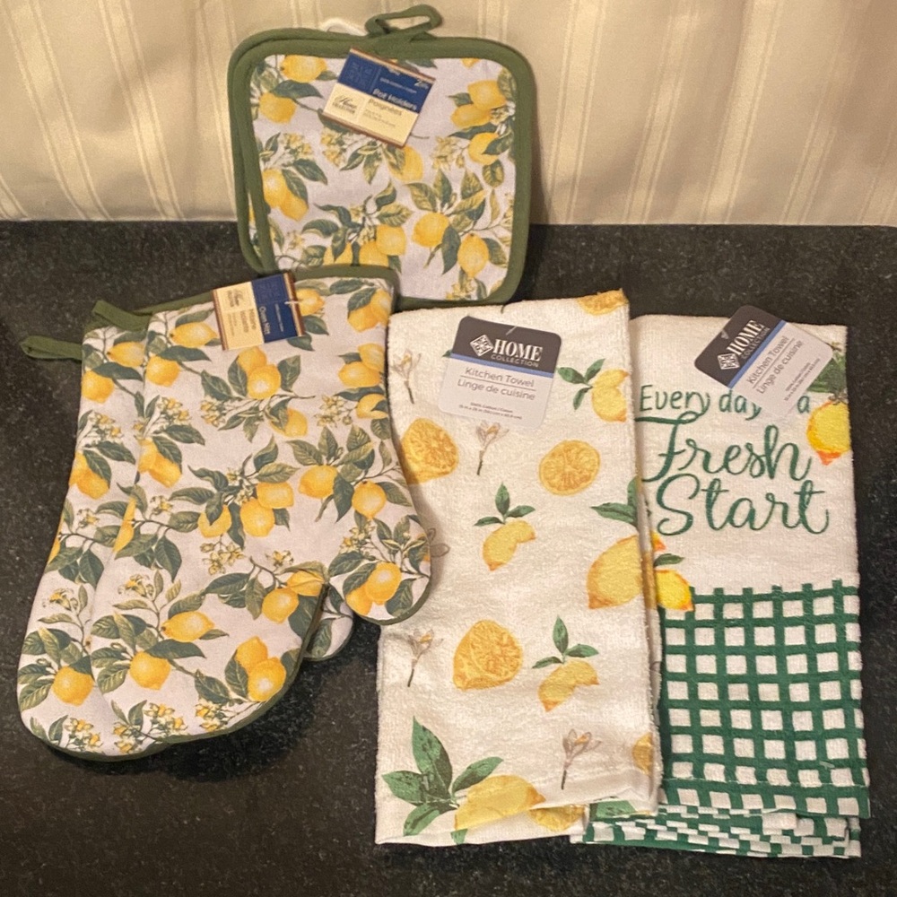 100% Cotton 7 Piece Lemon Kitchen Towel/Oven Mitt Set - Picture 2 of 10